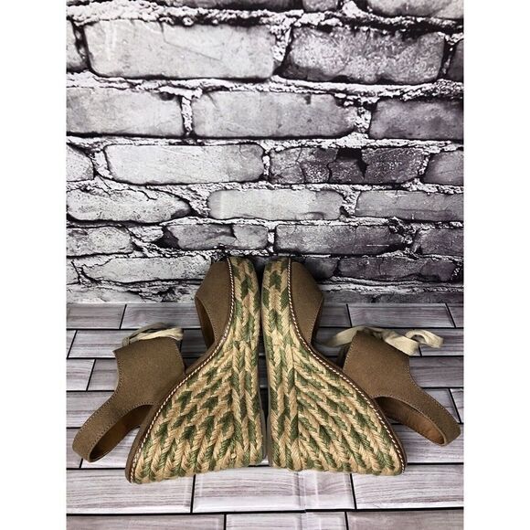 Tory Burch Taupe Canvas Textile Green Tan Espadrilles Wedge Women Sz 10M US/41EU - Picture 6 of 15